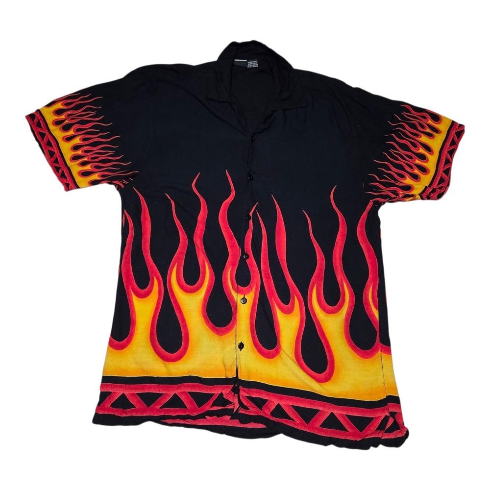 Y2K Black Flame Print Button Up Shirt Red Orange Fire Short Sleeve XL